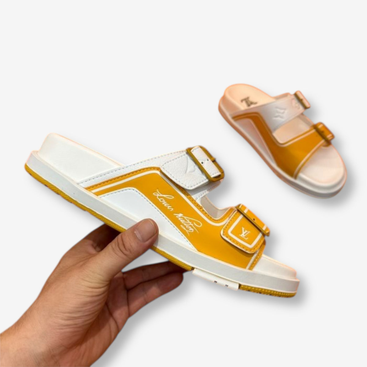 Louis Vuitton Waterfront Mule “White and Yellow with Signature Buckles”
