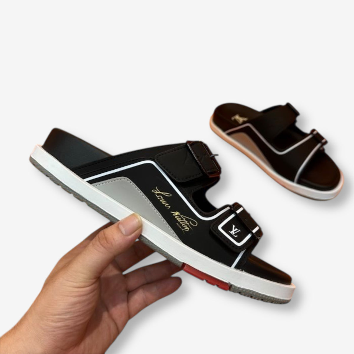 Louis Vuitton Buckle Sandal “Black with White & Gold Details”